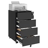 SONGMICS Mobile File Cabinet, Lockable, with 4 Drawers, Hold Documents, Stationery, Pre-Assembled, for Office, Home Office, 39 x 45 x 69.3 cm, Ink Black OFC064B16