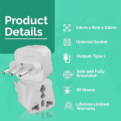 Image of rts India to Italy Plug Adapter Italy Plug Adapter Travel Adaptor Universal Travel Adapter Plug Type L Italian Converter Power Adapter for Chile /Rome /Ethiopia /Libya /Syria /Tunisia /Uruguay