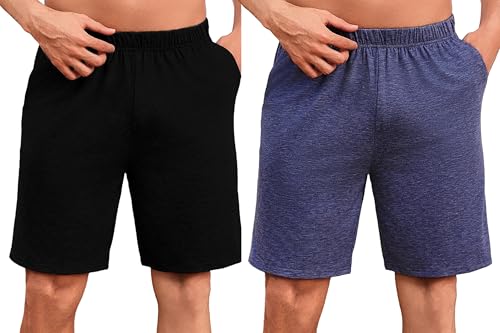 Uniexcosm Pantalones Cortos de Pijama para Hombre Verano Algodón Pantalón Shorts con Bolsillos Casual Ropa de Dormir Negro+Azul Oscuro XL