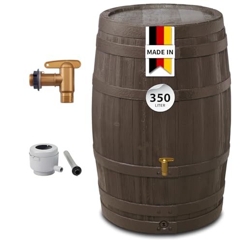 4rain VINO Regentonne Set 250 Liter Holzoptik – Regenfass/Wassertank mit Hahn + Fallrohranschluss – Frostsicherer Regenwassertank/Regenwassertonne – Wassertonne für Garten –Wasserfass Braun