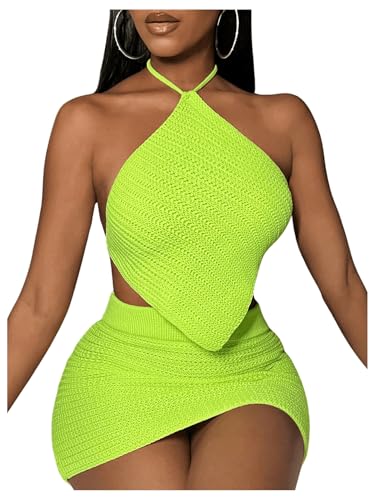 WDIRARA Women's 2 Piece Outfits Knitted Asymmetrical Halter Top and Bodycon Mini Skirt Set