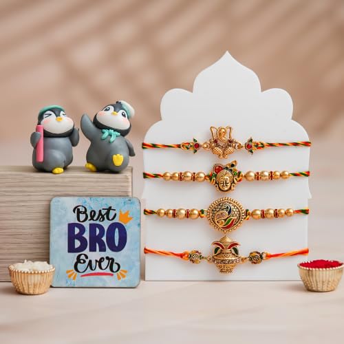 Image of eCraftIndia Set of 4 Designer Rakhi with Cute Penguin Showpiece & Best Bro Ever Fridge Magnet | Premium Raksha Bandhan Gift Set for Brother | Roli Chawal Included