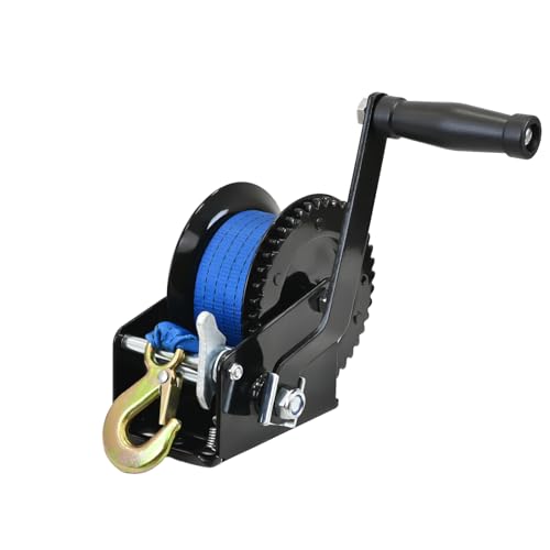TRUTZHOLM Gurtwinde 540 kg / 1200 lbs Polyestergurt Gurtlänge 10 m Gurtbreite 5 cm Lasthaken mit Sicherheitsbügel Sperrhebel 21 cm Handkurbel ergonomisch Bootswinde Handwinde