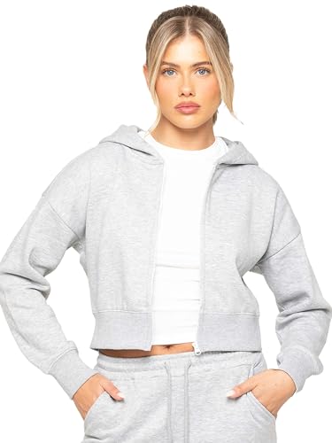 989Zé ENZO Womens Hoodie Top Casual Fleece Cropped Sweatshirt With Hood Crop Hoody (UK, Alpha, L, Regular, Regular, Grey With Zip)