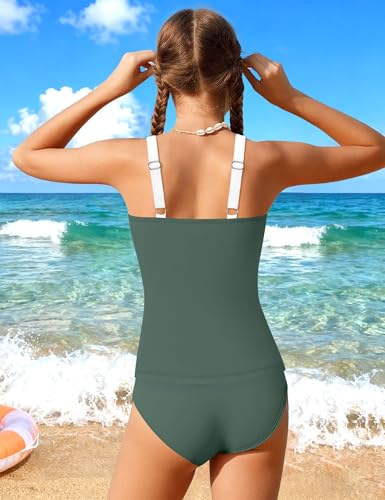 Image of Girls Tankini Swimsuit Solid Color Blocking Two Piece Bathing Suit Ruched Slimming Teen Girls' Swimwear for 9-18Years