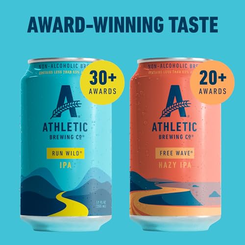 Athletic Brewing Company Craft Non Alcoholic Beer, Vegan IPA & Hazy IPA, Low Calorie Brews, 6 Run Wild, 6 Free Wave, 12 Pack, 12 FL Oz Cans