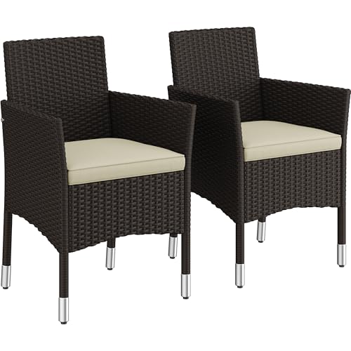 Yaheetech Rattan Garden Chairs Set of 2 Outdoor Garden Armchairs with Cushions Armrests High Backrest Handwoven Rattan for Patio Garden Balcony Brown/Beige