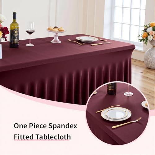Image of Outpain 6ft Spandex Table Cloth for Standard Folding Tables-6Pack Burgundy Table Cloth Table Protector for Party, Wedding, Cocktail, Banquet, Festival