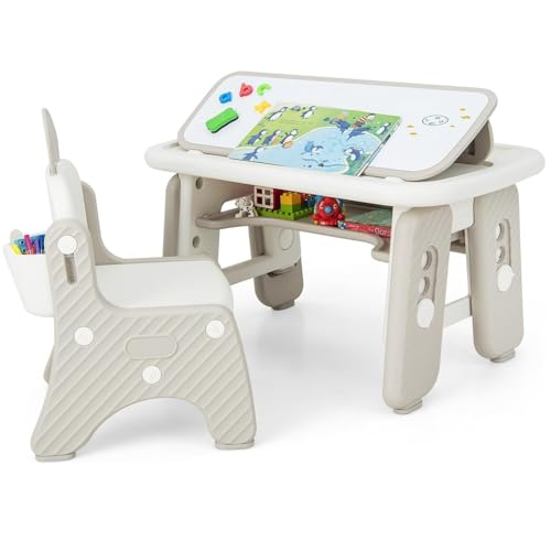LIFEZEAL Juego de Mesa y Silla Infantil, Grupo de Mesa con Pizarra Blanca para niños, Juego de Escritorio Regulable con Espacio de Almacenamiento, Mesa de Actividades para Dibujar