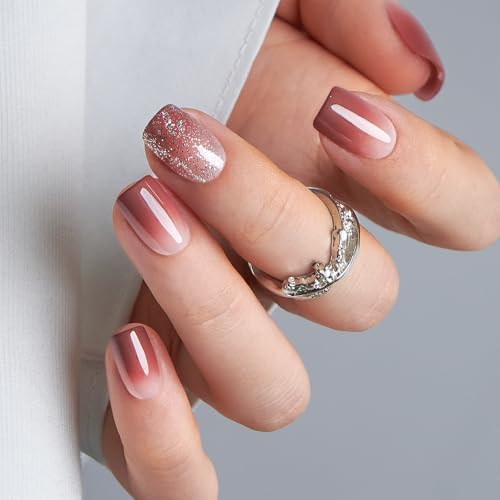 Image of Curvlife Soft Gel Press on Nails Acrylic Short Square Fake Nails with Design Full Cover False Nails for Women Reusable Nail Kit (Misty Pink, 30pcs)