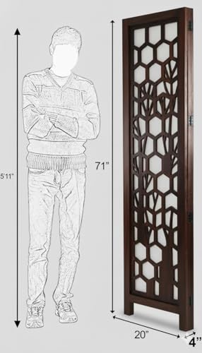 Image of Home & Goods International Wooden Room Divider Partition - Foldable Wood Screen Separator for Living Room, Bedroom, Office, Restaurant - Kangra Badrun, Natural & White (4 Panel with Stand)
