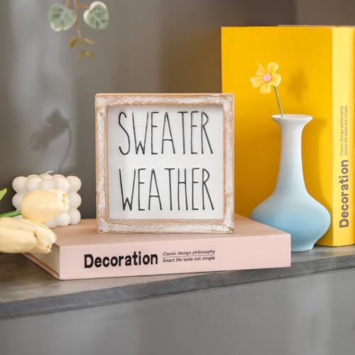 Image of Embossed Sweater Weather Sign, Rustic Fall Decorations for Home, Fall Centerpieces for Table Cubicle Desk Mantel Fireplace, Autumn Tiered Tray Decor