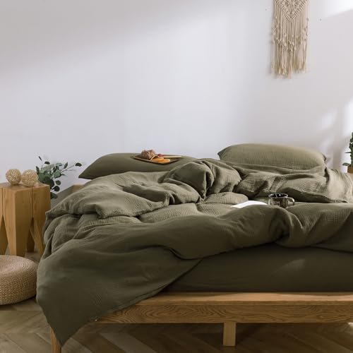 Image of mixinni Olive Green Waffle Weave Duvet Cover Set King, 3-Piece 100% Natural Washed Cotton Triple-Layer Gauze Solid Bedding Set, Soft Breathable Minimalist Comforter Cover with Zipper & Ties-King
