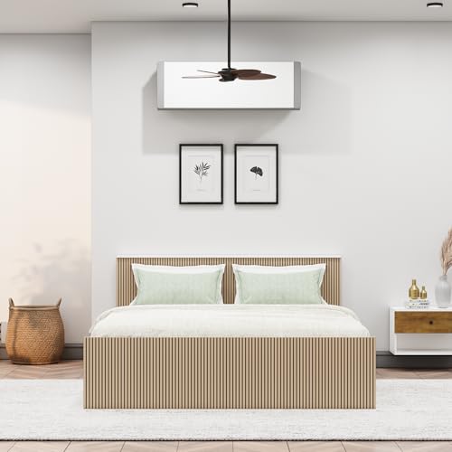 Image of Bniture Modern King Size Bed with Storage Box | Engineered Wood Bed 3D Textured Panels | Dual Tone Cupboard for Bedroom | Wooden Bed King Size with Storage (Frosty White & Giant Wood, King)