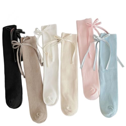 6 Pairs Girls Cotton Crew Socks with Ribbon Bow, 3/4/5/6/7/8 Years Spring Summer Thin Mid-Calf Knee Socks
