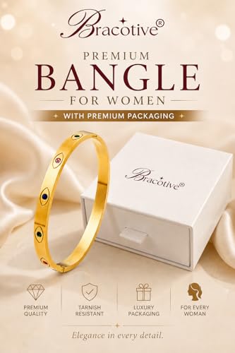 Image of Stylish Gold Plated Bangle for Women | Daily Use Stainless Steel Kada | Anti-Tarnish Waterproof Cuff | Multicolour Crystal Evil Eye | Daily Wear Bracelet For Womens | Premium Gift For Girl