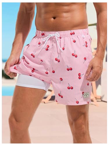 WDIRARA Men's Cherry Graphic Drawstring Waist Swim Trunks Board Shorts with Compression Liner2