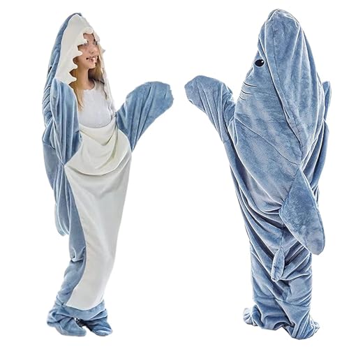 EBbels Hai Decke Erwachsene Superweicher Flanell-Hoodie Hai Decke Schlafsack Hai-Einteiler Tragbare Decke Für Erwachsene Jungen Und Mädchen Cosplay-Hai-Kostüm (Blau-210×70cm)
