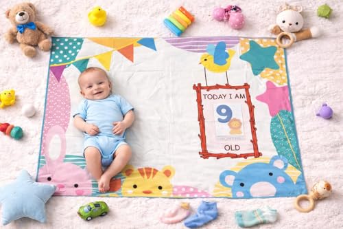 Image of Growth Keepsake Baby Blanket 51 * 43 Inch Animal Theme Monthly Age Marker Blanket Cute Bunny Bear Bird Print Background Washable Foldable Infant Play Mat