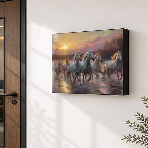 Image of Electric MCB Box Cover Frame With Hydraulic Decorative Painting White 7 Running Horse Painting Electrical Panel box Cover, Switch Box Frame Will Fit Max 10x14 inch Switch Board, Outer Size 17X23 Inch