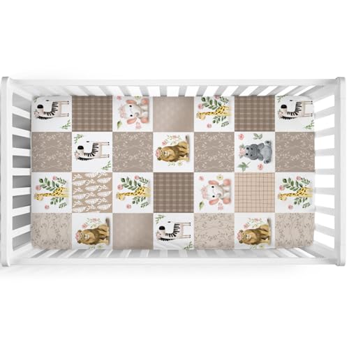 Image of Baby African Safari Animals Crib Sheets 52''x28'' Lion Elephant Giraffe Hippo Zebra Floral Leaves Stretchy Fitted Crib Mattress Cover for Boy Girl Soft Baby Sheets for Standard Crib Toddler Mattress