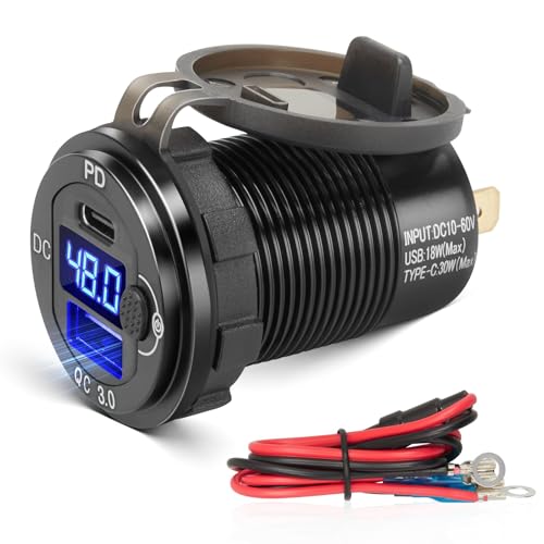 Anina Club Car Charger 12V 24V 36V 48V 60V 30W PD QC 3.0 Dual Port Type C Charger Fast Charging High Voltage USB Outlet for Club Car Boat Marine Bus Truck Golf RV Motorcycle