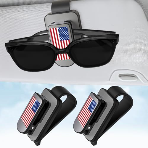 JUNJIAWU Sunglass Holder for Car Visor: 2 Pack American Flag Sun Visor Glasses Clip - Eyeglasses Ticket Card Clip Car Interior Accessories