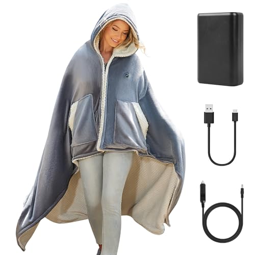 12V Heated Blankets Battery Operated,Cordless Heating Blanket Wearable Shawl,Portable Electric Wrap Poncho Blanket Hoodie,15000mah Sherpa Heated Throw Blanket 3 Heat sets for Car,Indoor,Camp