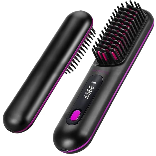 NUMOYA Go Brush Pro Portable Cordless Hair Straightener Brushs for Travel with 30s Fast Heat 3 Temperature Settings (Black)