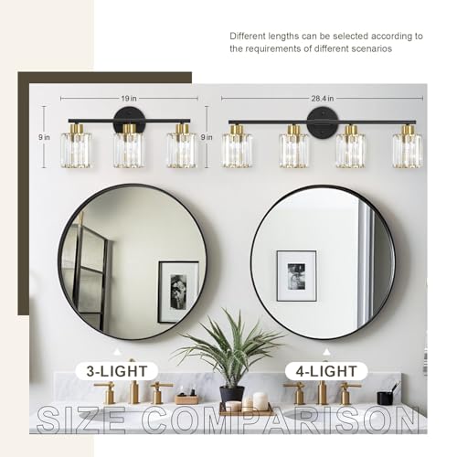 Image of Modern Black Gold Crystal Bathroom Light Fixtures,4-Light | Bathroom Lighting Fixtures over Mirror,Vanity Lights for Mirror, Restroom(Ceramic E26 Socket,Bulbs Not Include)