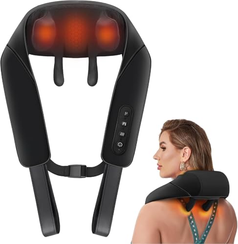 Careboda Rechargeable Neck and Back Massager with Heat | Cordless 5D Deep Tissue Kneading & Vibration Massage Machine for Pain Relief | Portable Cervical, Shoulder, Waist & Body Massager for Home & Office (BLACK)