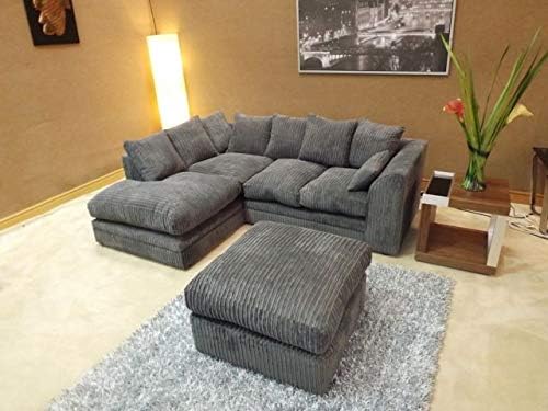 Abakus DirectJUMBO DYLAN LH/RH CORNER SEATER SOFA IN GREY CORD CHENILLE FABRIC + FREE FOOTSTOOL | 3-YEAR WARRANTY (LH Corner)