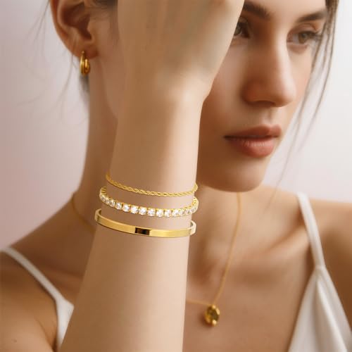 KSF Gold Bracelet Stack for Women - 3PCS 18K Gold Plated Bracelet Set, Stackable Tennis Bracelets for Women Trendy Cuff Cuban Link Paperclip Chain Jewelry Gifts Non Tarnish2