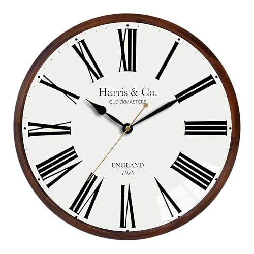 HARRIS & CO. CLOCKMASTERS ( 13 Inch Luxury Wooden Frame Curved Glass Silent Sweep Noiseless Technology Roman Design Wall Clock with Spade Hands Model Name - EUSTON Road