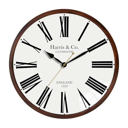 HARRIS & CO. CLOCKMASTERS ( 13 Inch Luxury Wooden Frame Curved Glass Silent Sweep Noiseless Technology Roman Design Wall Clock with Spade Hands Model Name - EUSTON Road