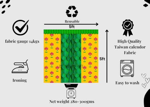 Image of Banana Leaf Backdrop | Traditional Pooja Cloth Featuring Yellow Side Borders, Pink Lotuses, and Green Leaves Design Decoration Backdrop | varalakshmi puja Decoration Cloths 5x5 Feet