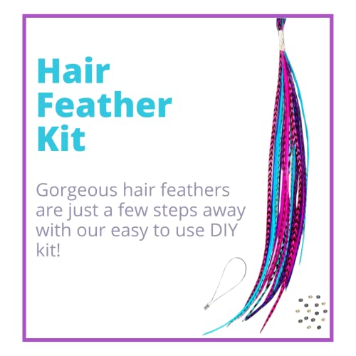 Hair Feathers And Tinsel Kit Tool Kit, Pink Purple And Turquoise Feather Extensions And Turquoise Blue Tinsel With Beads, Loop Tool And Pliers #TOP5