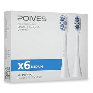 POIVES Medium Bürstenköpfe – passend für POIVES P1 Pro elektrische Zahnbürste – mittelharte Borsten für tägliche Pflege, optimale Balance, Silk White, 6 Stück