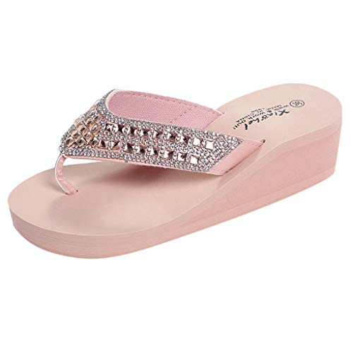 Rhinestone Flip Flops for Women Wedge Slippers Casual Beach Shoes Summer Platform Slides Wedge Sandals (Pink, 7)