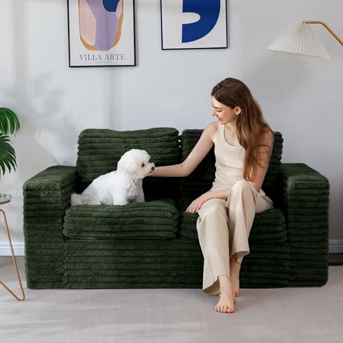 Image of MAXYOYO Loveseat Sofa Couch, Upholstered Bean Bag Chair Cloud Seat for Adults, Boneless Couch with Cushion & Pillows, Sofa in A Box, No Assembly Required, Faux Fur Green