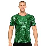 Casual UK Mens Sequin Tee Shirts, Sparkly Short Sleeve Crew Neck Button Shirt, Relaxed Fit Smooth Soft Outwear, Disco Party Costume for Spring Summer Carnival Gift Casual Wear (Green, XXL)