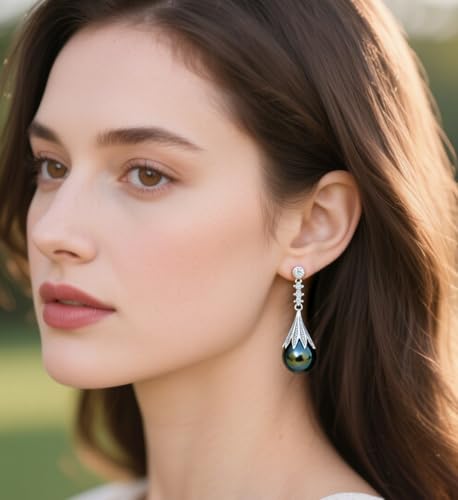 Genuine Tahitian Black Pearl Earrings, 8-11mm AAAA Grade Handpicked Natural Seawater Pearl Stud Earrings with D Color Moissanite & 18K White Gold Plated Sterling Silver, Luxury Jewelry Birthday Gifts for Wife, Women, Mother, Mom, Girlfriend, Anniversary, Christmas3