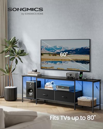 Image of SONGMICS BELLAH Collection - TV Stand with Power Outlets and Lights, Entertainment Center Media Console for TVs Up to 80 Inches, Living Room, Shelves, Drawers, Modern, Ink Black ULGS421B101S