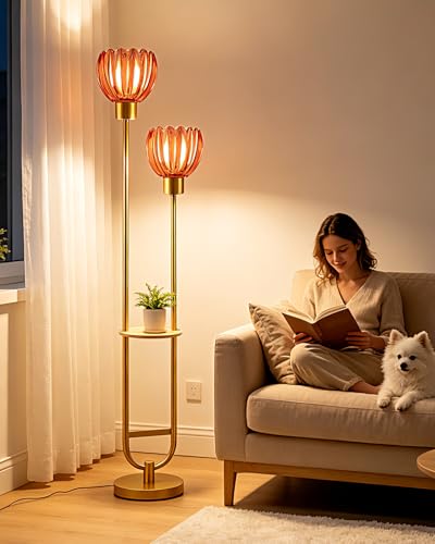 Image of 2-Lights Glass Floor Lamp with Shelf Gold Floor Lamp with Deep Red Glass Shade, Mid Century Modern Standing Tall Lamps with Foot Switch for Living Room Bedroom Home Decor (Bulbs Included)
