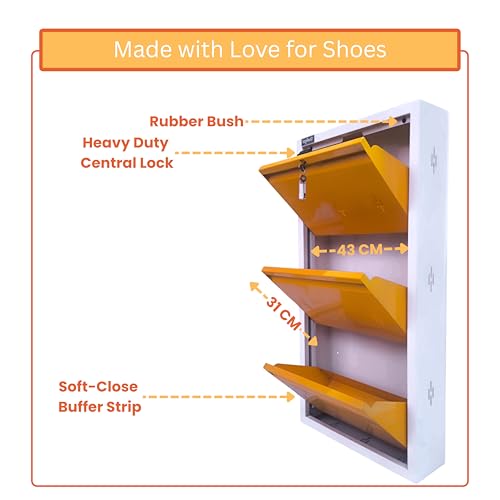 Image of 20 Inch Wall Mounted Metal Shoe Rack With Doors, Slim Space Saving Shoe Storage with Central Lock for Modern Home (Glossy Amber, 3 Door)