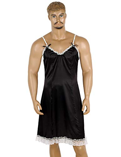 Mens Sissy Lingerie Satin Lace Trim Spaghetti Straps V-Neck Slip Dress Crossdress Chemise Sleepwear Black2