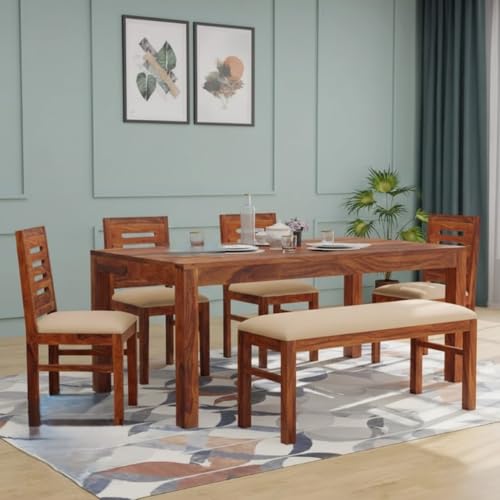 Image of RECTART Solid Sheesham Wood Dining Table Set 6 Seater for Dining Area Living Room | 4 Chair & 1 Bench | Hotel /Restaurant Dining for Six People | (Natural Teak Urban White, 6 Seater with Bench)