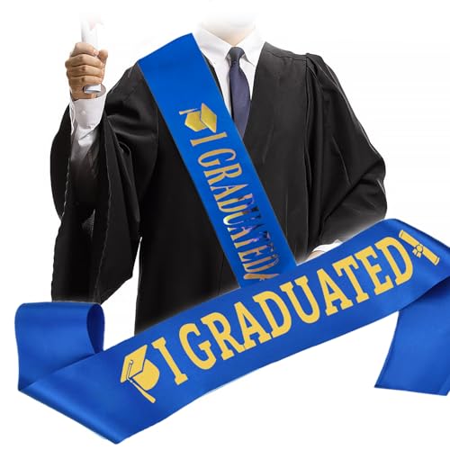 KEELYY Faixa de graduação, faixa de graduação com letras douradas brilhantes, para formatura, universidade, graduação, festa, decoração, Azul escuro