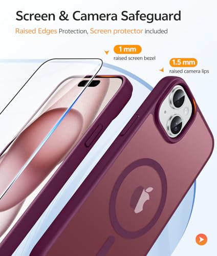 Image of FNTCASE for iPhone 15 Case: for iPhone 14 Case & iPhone 13 Case [Compatible with Magsafe] Translucent Matte Cases with [Screen Protector] Military Grade Shockproof Protective Phone Cover - Wine Red