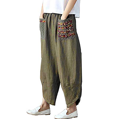 Helisopus Womens Baggy Casual Trousers Cotton Linen Loose Harlan Pants Elastic Waist,Green,Tag 2XL=(US XL)